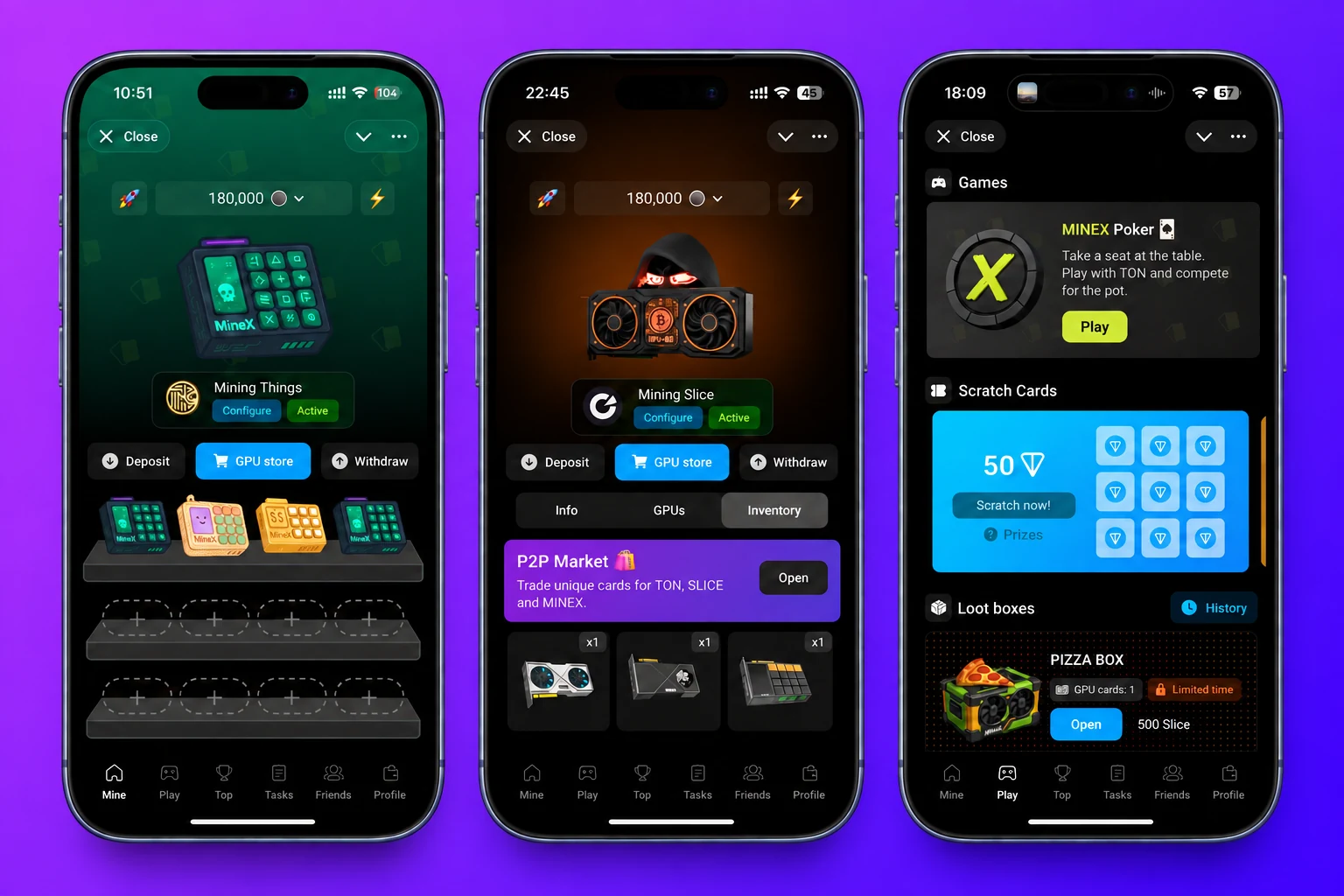 MineX Telegram Mini App: mining rigs, inventory and games in English
