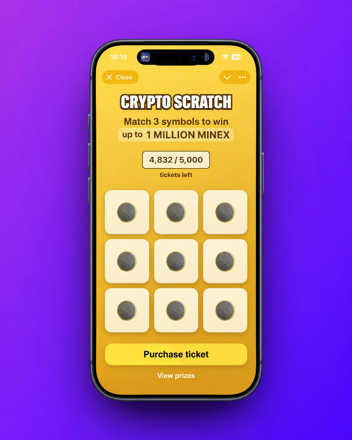 English Crypto Scratch screen with nine separate rounded tiles on a continuous gold background